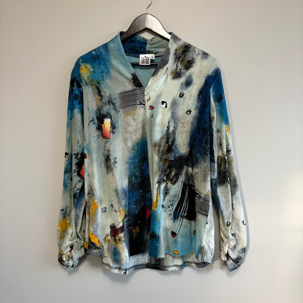 Abstract Art Print Blouse Women’s Long Sleeve V-Neck Lightweight Artistic Size L